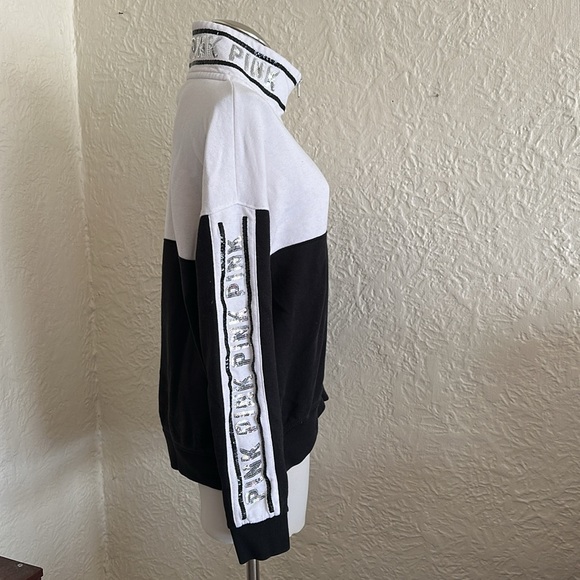 Victoria’s Secret Pink Black White Silver Sequin Bling Quarter Zip Sweatshirt M - Picture 6 of 9